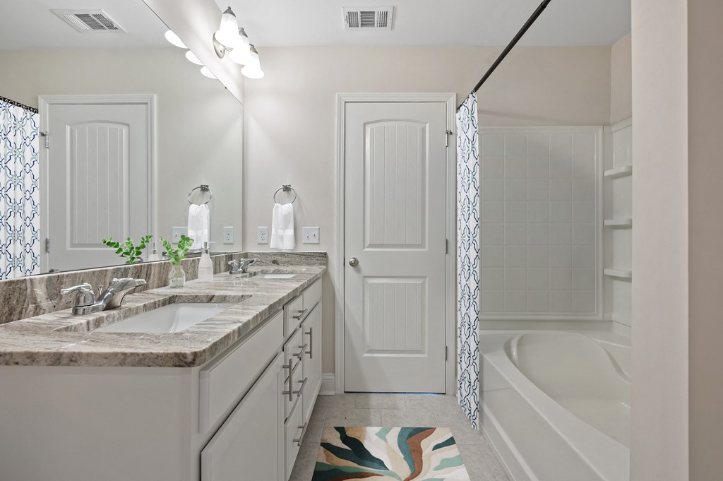 Omnia at Richmond Hill Townhomes in Georgia photo of a bathroom with a sink and a tub and a shower.