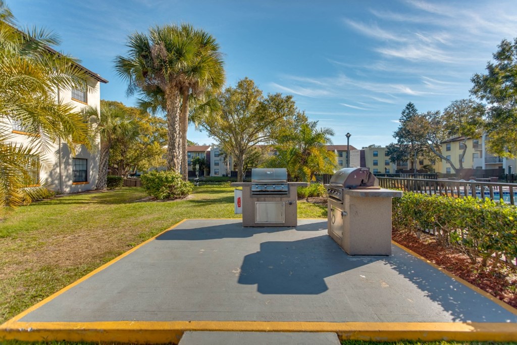 Outdoor BBQ grilling and picnic spaces at Belara Lakes apartments near Egypt Lake / Lowry Park in Tampa, Florida