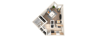 A top-down view of a small apartment with a kitchen, living room, and bathroom.