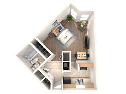 A top-down view of a small apartment with a kitchen, living room, and bathroom.