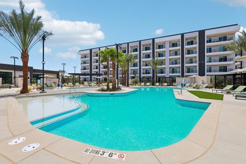 A large swimming pool in front of a building with palm trees.