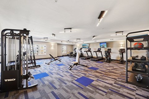 A gym with a variety of equipment including treadmills, weights, and exercise machines.