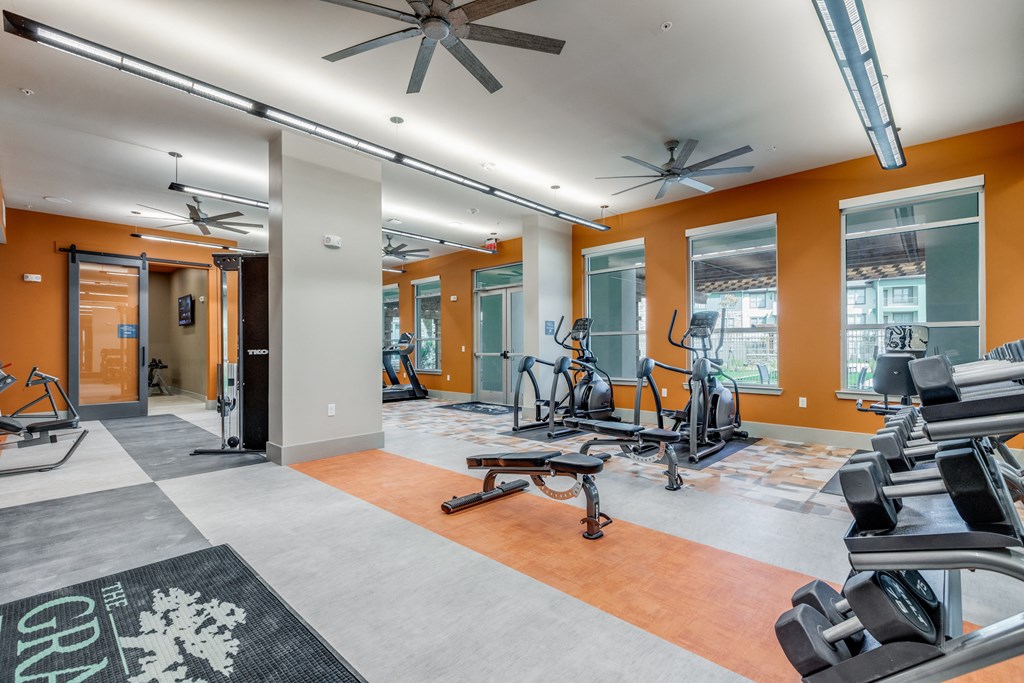 a gym with treadmills and other exercise equipment and windows
