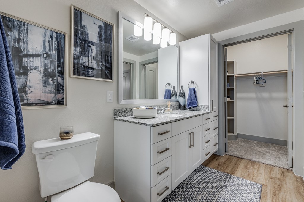 a bathroom with a toilet sink and mirror and a shower