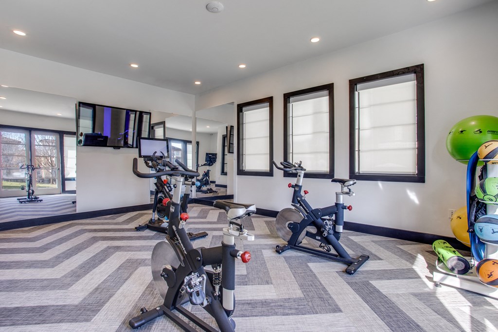 a gym with treadmills and exercise balls and a tv