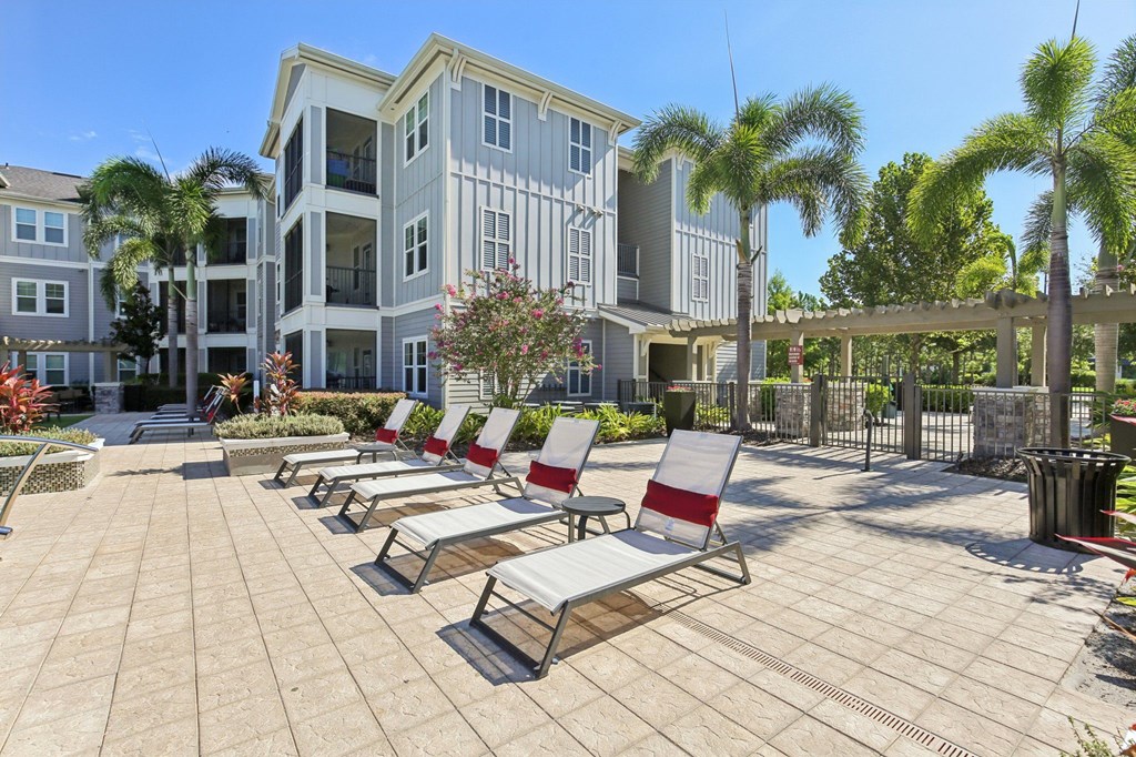 A row of sun loungers are set up on a patio in front of a building.