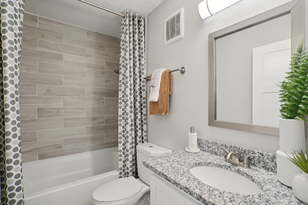 Modern bathroom with gray wood-look tile, patterned shower curtain, and granite countertop.