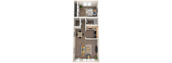 3D floorplan of a one-bedroom apartment at Coronado Springs Apartments in Palm Springs, Florida without a patio