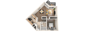 A top-down view of a house layout with a kitchen, living room, and bathroom.