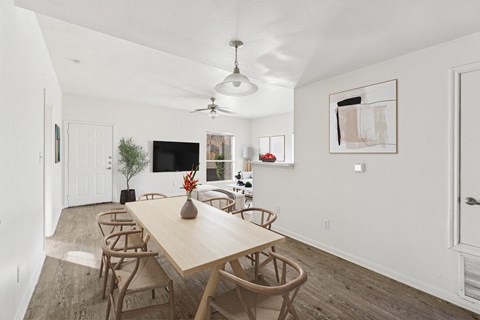 Dining room at Huntington Meadows Apartments in Austin, TX 78724, featuring modern design in apartments near East Austin with spacious living areas.