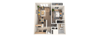 A top-down view of a small apartment with a living room, kitchen, and bathroom.