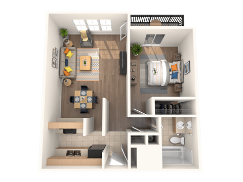 A top-down view of a small apartment with a living room, kitchen, and bathroom.