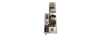 A top down view of a small apartment with a kitchen, living room, and bedroom.