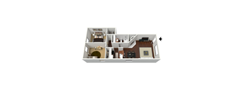 A 3D floor plan of a house with a living room, kitchen, and bedrooms.