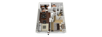 A top down view of a house interior with a kitchen, living room, dining room, and bedrooms.