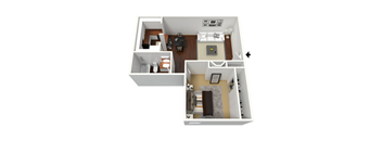 A top down view of a small apartment with a living room, kitchen, and bedroom.