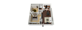 A 3D floor plan of a house with a living room, kitchen, dining room, and bedrooms.