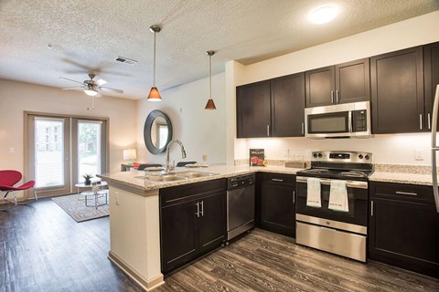 a kitchen with black cabinets and stainless steel appliances