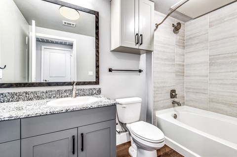 a bathroom with a sink toilet and a bath tub