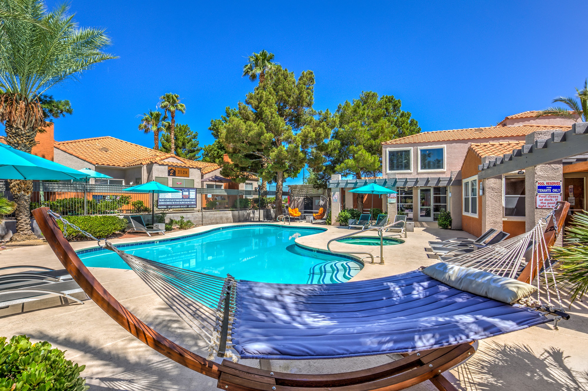 Madison at Black Mountain apartments photo of a Lagoon-styled Pool, hammock