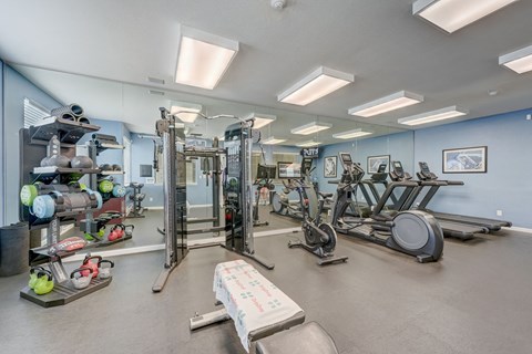 One-Bedroom Apartments in San Jose, CA - Los Gatos Creek - Fitness Center with Cardio and Strength Training Equipment, Rubber Matting, Recessed Lighting, and a Mirrored Wall.