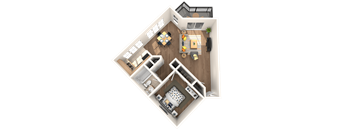 A top-down view of a house layout with a kitchen, living room, and bathroom.