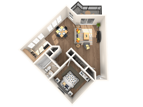 A top-down view of a house layout with a kitchen, living room, and bathroom.