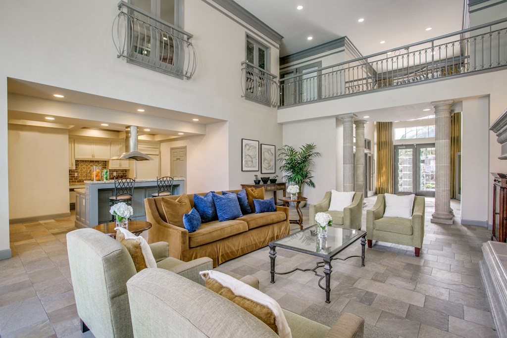 the living room is open to the kitchen and family room