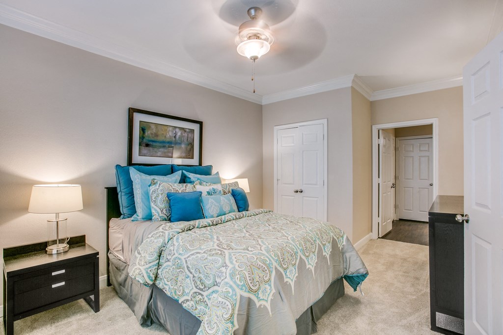 a bedroom with a bed and a closet