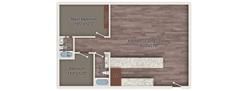 A floor plan of a house showing the layout of the bedrooms and kitchen.