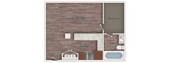 A floor plan of a small apartment with a kitchen, bathroom, and bedroom.