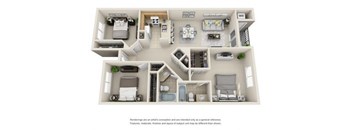 A 3D floor plan of a house with a kitchen, living room, and bedrooms.
