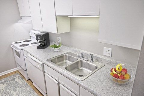 a kitchen with white cabinets and a sink
