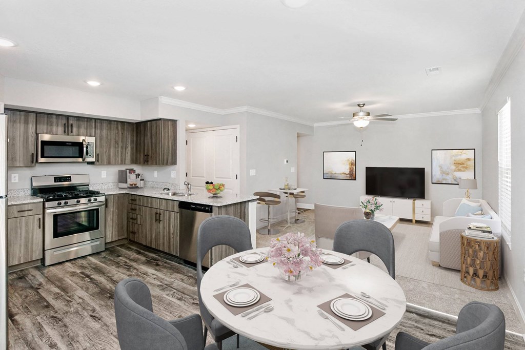 living room, dining room, kitchen view