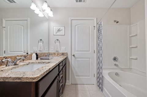 Harris Trail Luxury Townhomes for rent Richmond Hill, GA photo of a bathroom with a sink and a shower and a bath tub