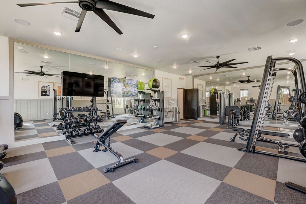 a home gym with weights and cardio equipment and a tv