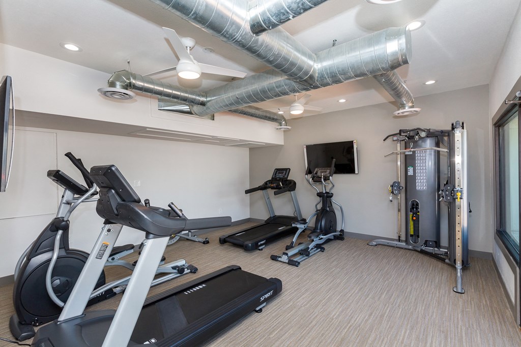 Two-Bedroom Apartments in North Mountain Village, Phoenix, AZ - Ardella on 28th - Fitness Center with Cardio Machines, Weight Equipment, Wood Floor, a TV, and a Window