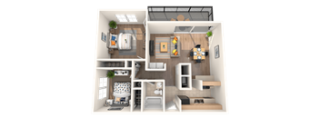 A 3D floor plan of a small apartment with a living room, kitchen, and bathroom.