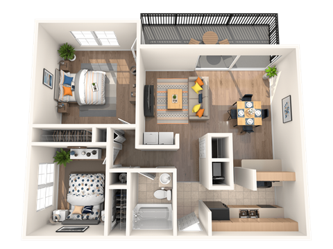 A 3D floor plan of a small apartment with a living room, kitchen, and bathroom.