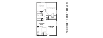 a 2D floor plan drawing of a 2 bedroom 1 bath 854 square foot apartment