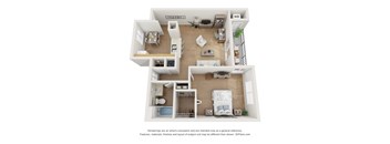 A 3D floor plan of a house with a living room, dining room, kitchen, and two bedrooms.