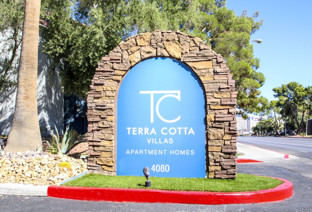 our sign at the entrance of terra cotta villas apartment homes