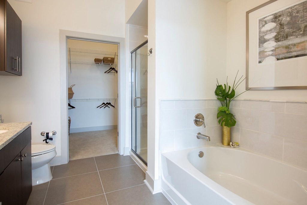 Pet-Friendly Apartments in Atlanta, GA - Arabelle Perimeter - bathroom with a tub and a toilet and a sink