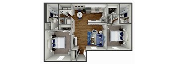 a 3d rendering of a floor plan with a bedroom and living room