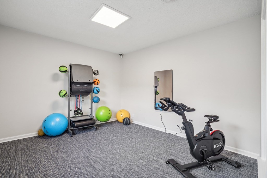 Home gym with exercise bike, medicine balls, and resistance bands.