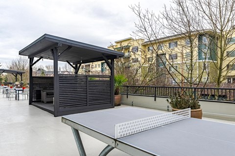 A ping pong table is in the middle of a patio.