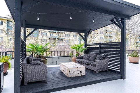 A black and white outdoor patio with furniture and plants.