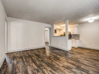 Dog Friendly Apartments in Dallas TX-Paxton at Lake Highlands Open Living Room with Hardwood Styled Floors and Modern Lighting - Photo Gallery 4