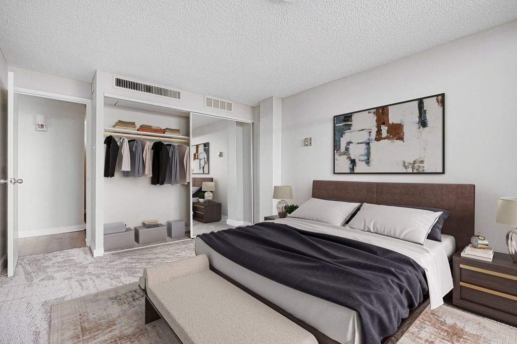 a bedroom with a bed and a closet