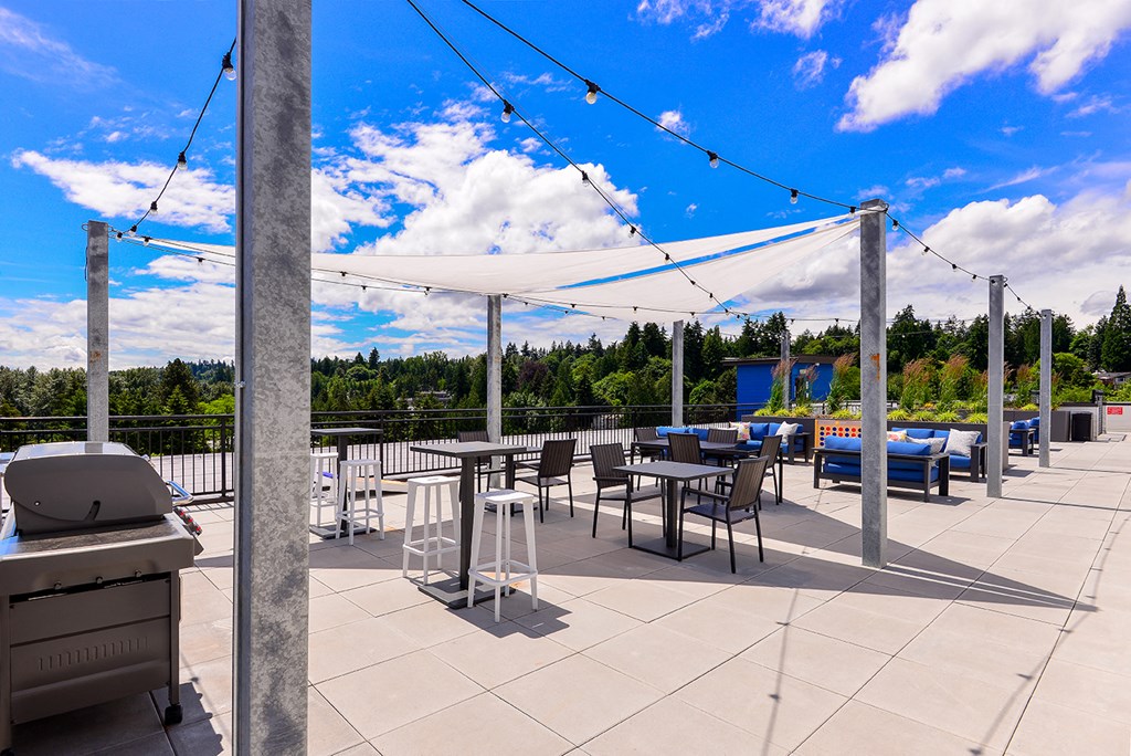 Dog Friendly Apartments in Bothell, WA - 98th Avenue - An exterior shot of the community rooftop lounge, featuring plush seating, tables, and aesthetic lighting